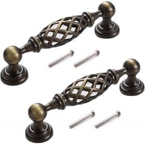 Ensemble de 2 poign&eacute;es de tiroir en bronze, motif floral antique, entraxe de 96 mm - Neuf