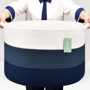 CHECARZHN--NO1-Panier À Couverture Extra Large De 87 L, Panier À Linge Pour Filles Et Garçons, Panier En Corde De Coton, 55 X 35 Cm, Blanc, Bleu Cadet Et Bleu Marine - Neuf
