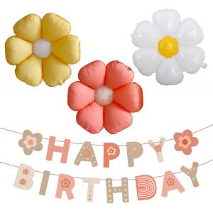 ChicSlick-1 Drapeau De Traction Sur Le Thème De Daisy Et 3 Ballons De Fleurs, Décorations De Fête D'Anniversaire, Arrangement De Scène De Fête.[X2340] - Neuf