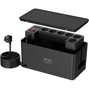 Multiprise Cach&eacute;e avec Cable 4M + 1050J Parafoudre et Surtension, Boite Rangement Cable et Multiprise, 6 Prise Multiple USB avec 3 USB-A+1 USB-C(15W), Boite Multi Prise Rangement, Noir - Neuf