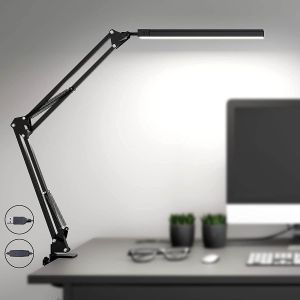JEXNOVASHOP-Lampe LED de bureau et de lecture avec USB, bras oscillant et pince, à intensité variable et 3 modes de couleur pour la protection des yeux - Neuf