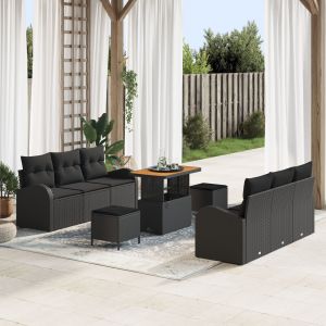 Ensemble De Canap&eacute; De Jardin 9 Pi&egrave;ces Avec Coussins Noir Poly Rattan Acacia, Canap&eacute; De Jardin 2 Places Avec Rangement & Coussins Noir Poly Rattan, Ensemble De Salle &Agrave; Manger De Jardin 3 Pi&egrave;ces Avec Coussins Noir Poly Rattan Acacia - Neuf
