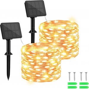 KAL-String Lights Guirlande Lumineuse Solaire Exterieure, 2×10M 100Led Solaire Guirlande 8 Modes Ip65 Étanche Lumineuse Decoration Pour Jardin, Patio, Chambre, Balcon, Mariage, Noël (Blanc Chaud) - Neuf