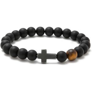 Eryi-Bracelet En Forme De Croix, Cadeau Pour Homme, ?il De Tigre, Bracelet De Perles Pour Homme Et Femme, Cadeau De Confirmation Chrétienne, Cadeau D'anniversaire Pour Papa, Grand-Père, Mari - Neuf