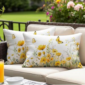 Slep-Housse De Coussin Imperméable 30x50 Cm Extérieur Décoration Double Face Fleurs Été - Jaune Pour Jardin/Piscine/Extérieur - Lot De 2 - Neuf
