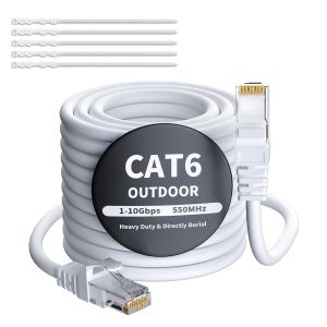 30 mètres Câble Ethernet extérieur CAT6 Blanc,câble réseau Internet,Gigabit,robuste,étanche,pose directe,pour caméra POE,câble de raccordement,LAN Long Cat 6/5e/5 RJ45 + 25 attaches de câble - Neuf