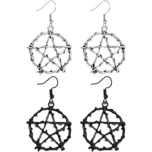Kal-2 Paires Gothique Pentagramme Boucles D'oreilles Vintage Pentagramme Pendentif Boucles D'oreilles Punk Rock Hip Hop Pentagramme Pendentif Femmes Boucles D'oreilles - Argent Et Noir - Neuf