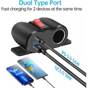 Prise De Charge Usb 54 W Mise &Agrave; Niveau 12 V Avec Prise Allume-Cigare De 180 W Et Affichage Du Voltm&egrave;tre Led,Panneau Usb,Qc3.0 Usb & Pd3.0 Type C Dual Port Chargeur Pour Camping-Car,Bateau - Neuf