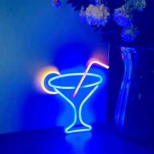 Cheng-Enseigne N&eacute;on En Forme De Cocktail, Lumi&egrave;re Led Pour Verre &Agrave; Vin &iquest; Veilleuse De Bar Aliment&eacute;e Par Piles Et Usb Pour D&eacute;coration Murale, Club, Restaurant, Boutique - Neuf