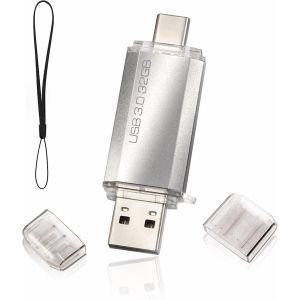 Clé USB 32Go 3.0 2 en 1 Rapide,OTG Clé USB C 32Go 2 en 1 Type C 3.0 en Métal,Pen Drive 32GB Flash Drive 32GB pour PC/Smartphones/MacBook Pro(Argent) - Neuf