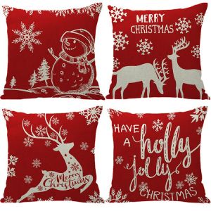 Ensemble De 4 No&euml;l Elk Bonhomme De Neige Taies D'oreiller Housse De Coussin D&eacute;cor &Agrave; La Maison 45x45 Cm (C) - Neuf
