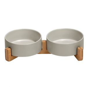 Ceramic Dog Bowl Double Dog Feeding Bowl With Bamboo Stand For Cats And Dogs (400ml, 2-Grey) - Neuf