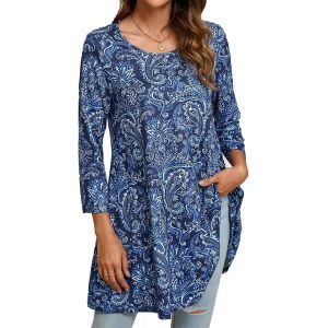 Utigh-Tunique Femme Longue Grande Taille À 3/4 Manches Tunique Fleurie Pour Femmes Rondes Casual Élégant Chic Floraux Swing T Shirt - Neuf