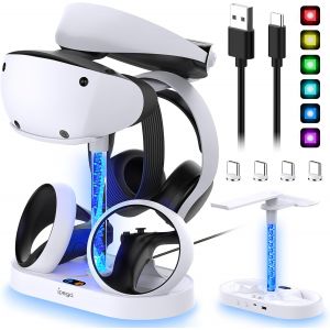 Station de Charge pour PSVR2 avec 9 Lumi&egrave;res RGB, Station de Charger pour Manette PlayStation VR2, Support de Casque et 4 Ports de Chargement Magn&eacute;tiques de Type C - Neuf