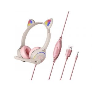 Casque De Jeu Filaire &Agrave; Oreilles De Chat Avec Lumi&egrave;res Led, Rose, R&eacute;glable, Compatible Ps5, Pc, Xbox Et Mobile - Neuf