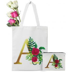 SJZG-2 Sacs Shopping Initiales Ab&eacute;c&eacute;daire Fleuri - Cabas En Toile, Cadeau D'Anniversaire Pour Maman, Sac Cosm&eacute;tique, Fourre Tout Beige (L/S) - Neuf