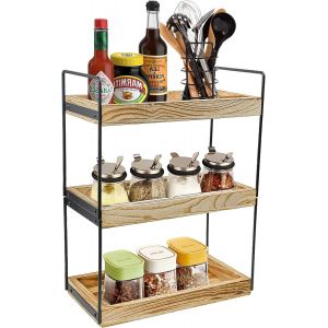 Étagère Salle de Bain à 3 Niveaux, Organisateur Comptoir Salle de Bain, Étagère Rangement Bois, Support Produit Douche avec Structure Métal, pour Gel Douche Bureau Cuisine, 33x17.5x44cm - Neuf