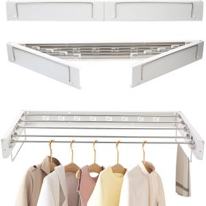 KGABERY-Séchoir À Linge Mural Extensible 80 Cm En Acier Inoxydable Pliable Avec Deux Languettes De Traction,Blanc,Pliable,Pour Intérieur Et Extérieur,Balcon - Neuf