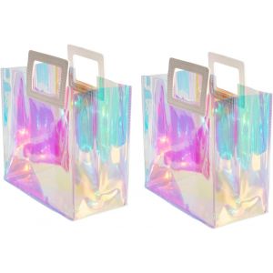 2pcs Petit Sac Cadeau Holographique 21,5x20,5x10,5cm Pochette Cadeau Anniversaire Transparent pour Femme Sachet Cadeau r Emballage Cadeau - Neuf