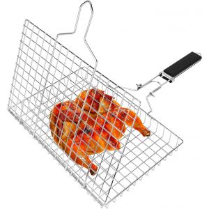 KAL-Panier Gril Rond Portable, Panier Gril À Poisson En Acier Inoxydable Avec Poignée Verrouillage De Sécurité Amovible, Accessoires Gril De Légumes Et De Crevettes En Plein Air (Argent, Carré) - Neuf