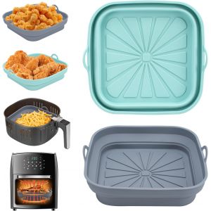 Moule Silicone Air Fryer, 2 Pi&egrave;ces Panier Moule Pour Friteuse &Agrave; Air Chaud R&eacute;utilisable Airfryer Pot Plat Carr&eacute; Pliable Doublure Liner Pour Friteuse Air, Micro-Ondes, Four (Bleu+Gri[CHU10501298] - Neuf