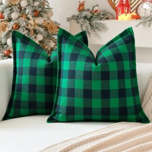 CAUC-Lot de 2 housses de coussin carr&eacute;es d&eacute;coratives en lin avec bords cousus pour canap&eacute;, lit, salon, 40 x 40 cm (vert et bleu) - Neuf
