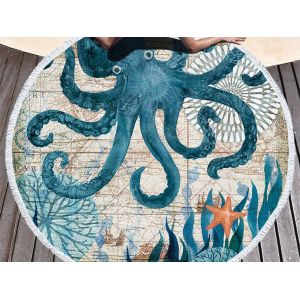 Serviette De Plage Ronde En Microfibre De 150 Cm Avec Motif Pieuvre Et Pompons - Neuf