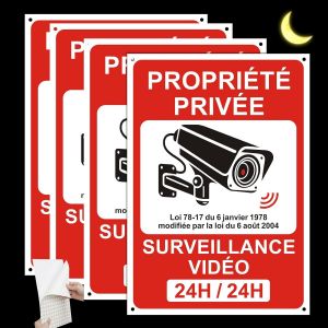 Vid&eacute;o Surveillance Panneau R&eacute;fl&eacute;chissante, Propri&eacute;t&eacute; Priv&eacute;e sous Surveillance Vid&eacute;o, Int&eacute;rieur/Ext&eacute;rieur, PVC, &Eacute;paisseur 0,7MM, A4 21 x 30cm, avec Autocollant et Trous Pr&eacute;-perc&eacute;s (4) - Neuf