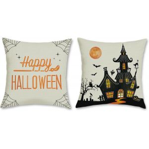 Cauc-Housse De Coussin Halloween Grises 45 X 45 Cm Ch&acirc;teau Noir Orange Polyester Lin D&eacute;coratif Taie D'oreiller Pour Canap&eacute; Salon Chambre Jardin Maison D&eacute;coration 2 Pi&egrave;ces - Neuf