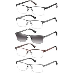 5 Paires Lunettes De Vue Lecture Hommes Style Demi-Trame Acier Inoxydable Materiaux Charniere A Ressort Compris Les Soleil Lunettes De Lecture +1.50 - Neuf