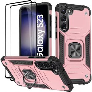 TRAHOO-Coque pour Samsung Galaxy S23, Verre Tremp&eacute; [2 Pi&egrave;ces] + Housse TPU Silicone Rotation 360&deg; Aimant Anneau Support Double D&eacute;fense Protection Etui - Or Rose - Neuf