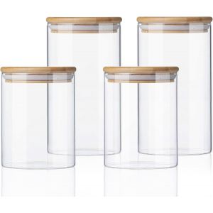 Jexnovashop-Lot De 4 Bocaux &Agrave; Provisions 800/1200ml En Verre Avec Couvercle, Cuisine &Eacute;tanche &Agrave; L'air, Conservation Et &Eacute;pices, En Verre Borosilicat&eacute; Renforc&eacute; - Neuf