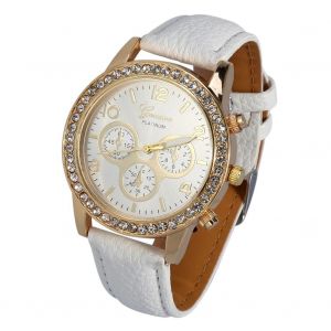 Mode Femmes Montre Pu Cuir Strass D&eacute;coration Analogique Quartz Rond Montre-Bracelet (Blanc) - Neuf