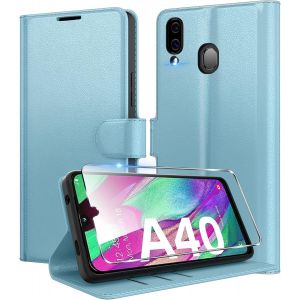 Kal-Coque Pour Samsung Galaxy A40 + 1 Verre Trempé Protection Écran,[Housse Premium En Cuir Pu][Fentes Pour Cartes][Pochette De Portefeuille],Etui À Rabat Pour Samsung A40 - Bleu - Neuf