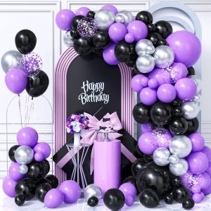 KALANKA-Arche Ballons Noir Violet Argent,103Pièces Kit Guirlande Mat Ballon Noir Violet Métallisé Argent Confettis Hommes Femmes Mariage Anniversaire Nuptiale Douche Graduation Valentin Halloween Déc - Neuf