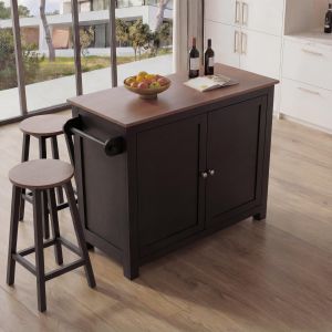 &Icirc;lot de cuisine HWC-P61 avec 2 tabourets, armoire de cuisine, tiroir, compartiments de rangement, MDF 90 x 120 x 45 cmnoir, bois fonc&eacute; - Neuf