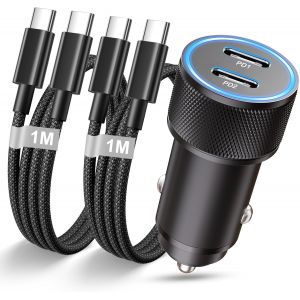 LORANKA-Allume Cigare USB C Rapide, 60W PD Chargeur Voiture USB C Adaptateur Prise Chargeur Allume Cigare USB Chargeur Telephone Voiture avec 2X C&acirc;ble pour Samsung Galaxy S25 S24 S23 S22,iPhone 17 16 - Neuf