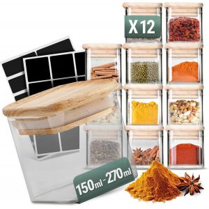 Lot De 12 Pots À Épices Empilables Rectangulaires De 210 Ml - En Verre Hermétique - Couvercle En Bois De Bambou - Avec Étiquettes Et Stylo À Craie - Rangement Des Épices,Organisation De La Cuisine - Neuf
