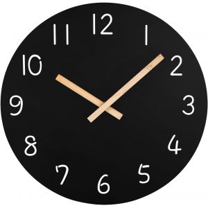 Plumeet Horloge Murale en Bois de 25cm, Horloge Murale sans Cadre avec Mouvement à Quartz Silencieux, Horloge Noir de Style Minimaliste Moderne Décoration pour Salon, Alimentée par Batterie - Neuf
