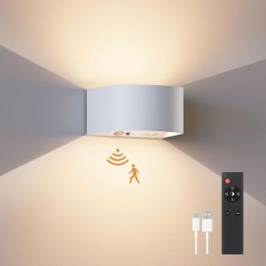 Applique Murale À Détecteur De Mouvement Avec Télécommande, 3 Couleurs,Lumière Murale Sans Fil Led,Applique Murale Haut Et Bas, Batterie Rechargeable 5000mah,Alimentation Par Batterie,Blanc 1 Pièce - Neuf