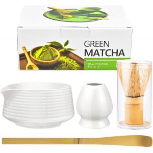 PATB-Lot de 4 pièces à thé matcha avec fouet à matcha, bol à matcha en céramique de 500 ml avec bec verseur, support pour balai et cuillère à matcha, coffret cadeau japonais fait main (blanc mat) - Neuf