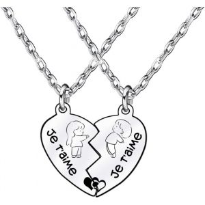 Kal-Cadeaux Saint Valentin Cadeaux D'anniversaire Lot De 2 Colliers Coeur Couple Amoureux Pendentif Gravure Personnalis&eacute;e S&eacute;parable Acier Inoxydable Cadeau Amour La Saint-Valentin - Neuf