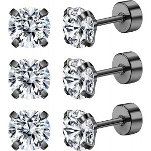 Chenquansarl-3 Paires Boucles D'oreilles Or Argent Noires, Boucle Doreille Acier Inoxydable Femme Homme,Piercing Oreille Cartilage Helix Piercing,Boucles D'oreilles En Zirconium - Neuf