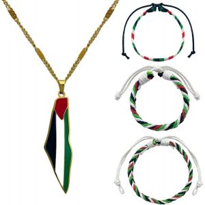 Trahoo-4 Pièces Bracelet Palestine Drapeau Et Palestine Carte Pendant Colliers, Bracelet Tissé Palestinien, Collier Palestinien, Bracelet De Soutien Palestinien Pour Homme Et Femm - Neuf