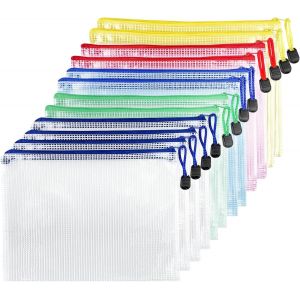 12 X A3 Zip Document Pouches,Pvc Transparent Document Folder,Waterproof Plastic Zip Bag,Mesh Zipper Pouch For Travel,Supplies,Office,5 Colours - Neuf