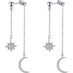 Kal-Boucles D'oreilles Pendantes En Argent Sterling 925 - Étoile Et Lune - Pour Femme, Argenté, L - Neuf