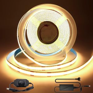 Ruban Led Cob 12v 3m Blanc Chaud 3000k,Bande Led Cob Avec Gradateur Et Adaptateur 320leds/M 960leds Flexible Haute Densité Dimmable Ip20 Pour Tv Rétro-Éclairage Chambre Cuisine - Neuf