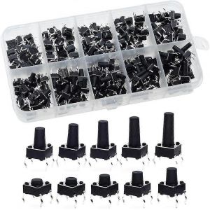 200pcs 66mm de long pieds tactiles bouton poussoir (664.5 / 5/6/7/8/9/10/11/12 / 13mm),kit d'assortiment de tact micro momentané (chaque taille 20pcs) utilisé dans la production électronique - Neuf