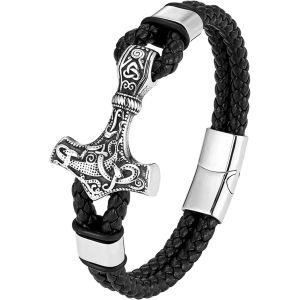 Eryi-Bracelet Homme Cuir, Bracelet Vikings Homme, Croix Chretienne Hommes Bracelets Acier Argent Noir, Bijoux Cadeau Hommes - Neuf