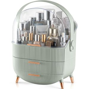 (Vert clair) 1 boîte de rangement de maquillage, vitrine de maquillage avec boîte de rangement à 2 niveaux et couvercle transparent, coiffeuse de chambre - Neuf